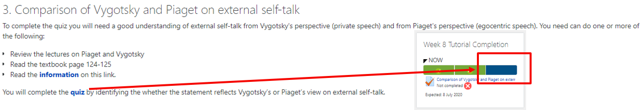 Image of Activity 3 showing connection between the weekly activity link with a book activity to the associated completion bar activity